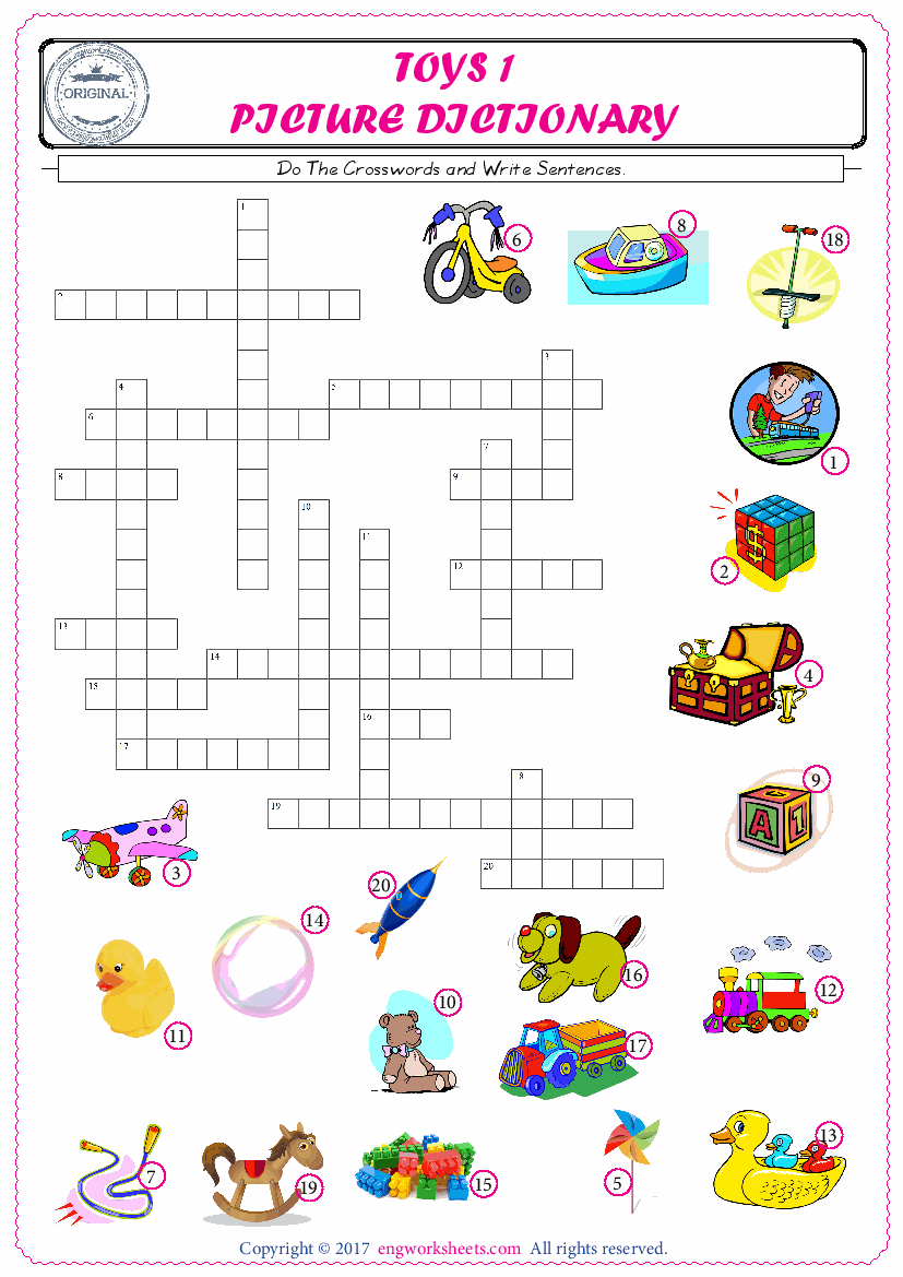  ESL printable worksheet for kids, supply the missing words of the crossword by using the Toys picture. 